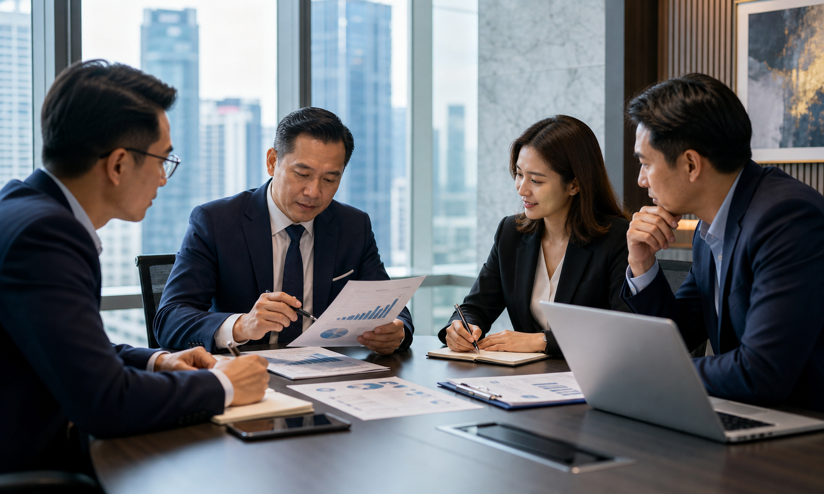 Executives reviewing audit reports in boardroom